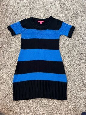 Girls' Short-Sleeve Knit Dress in Blue and Black Stripes